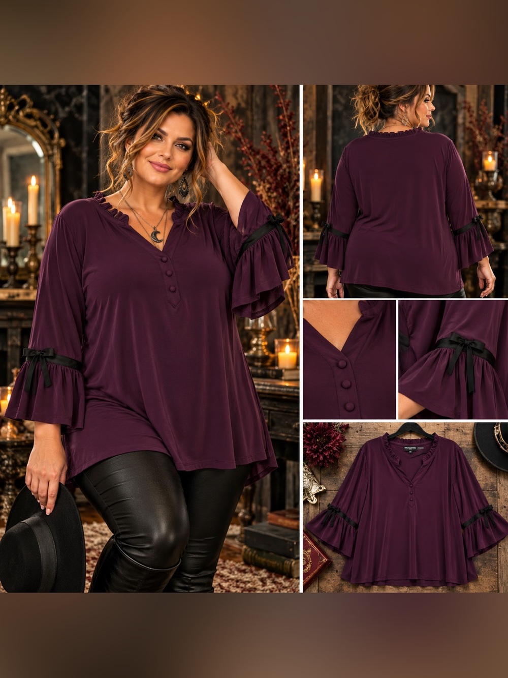 Karl Lagerfeld Paris 3X Plum Bell Sleeve Ruffle Bow Blouse